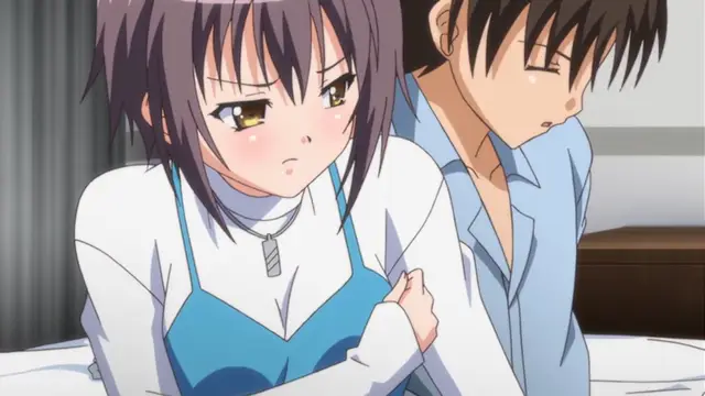 A blushing girl with short purple hair and crossed arms sits on a bed next to a man in a blue shirt who has his eyes closed. Screenshot from Bloods Inraku no Ketsuzoku 2 - Episode 1