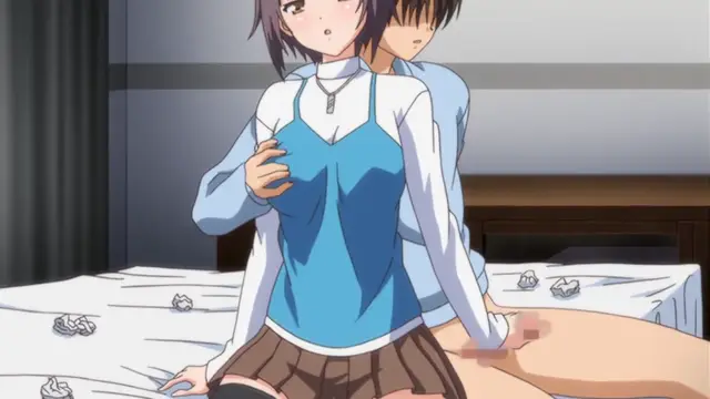 A girl in a school uniform is being held from behind by a boy in a light blue shirt as she sits on a bed with her legs spread wide, with her panties pulled down to her thighs. Screenshot from Bloods Inraku no Ketsuzoku 2 - Episode 1