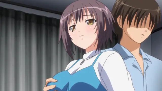 A blushing anime girl with short purple hair and a shocked expression stands in front of a man with long bangs, both facing forward in a room with grey curtains. Screenshot from Bloods Inraku no Ketsuzoku 2 - Episode 1