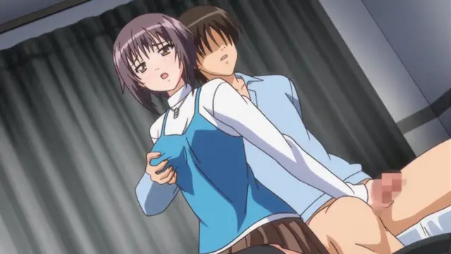 A girl with purple hair and a blue school uniform is being penetrated from behind by a boy with dark hair while she has an embarrassed expression on her face. Screenshot from Bloods Inraku no Ketsuzoku 2 - Episode 1