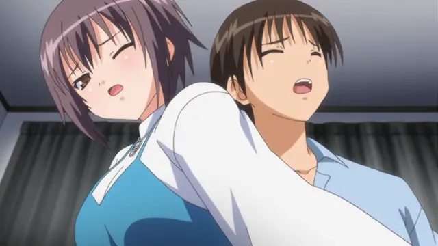 A Japanese high school girl with purple hair leans over a tired-looking boy in a blue shirt, her face blushing as she makes a playful expression while his eyes are closed. Screenshot from Bloods Inraku no Ketsuzoku 2 - Episode 1