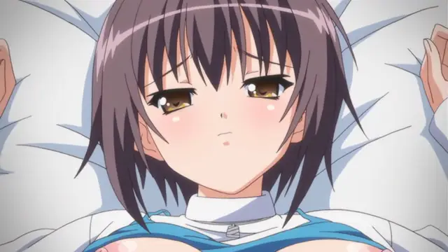 An anime girl with short brown hair and blushing cheeks lies on her back on a white pillow with her arms outstretched and a dazed, arousable expression. Screenshot from Bloods Inraku no Ketsuzoku 2 - Episode 1