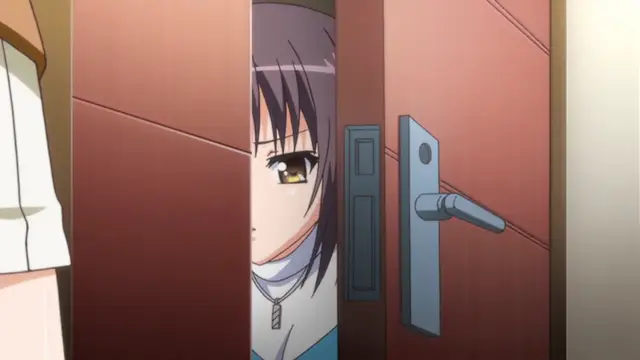 A young woman with purple hair and brown eyes peeks out from behind a slightly open door with a blush on her face. Screenshot from Bloods Inraku no Ketsuzoku 2 - Episode 1
