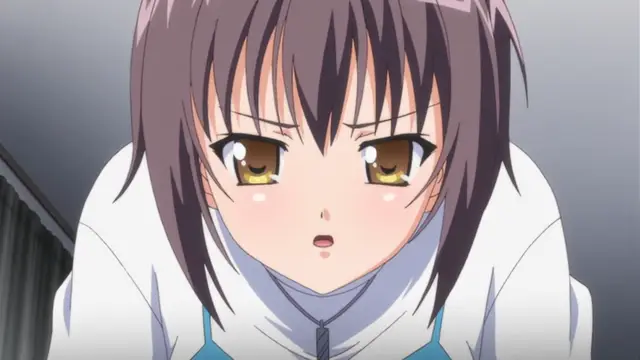 A blushing anime girl with short brown hair and wide, golden eyes looks startled with her mouth slightly open while wearing a white hooded sweatshirt. Screenshot from Bloods Inraku no Ketsuzoku 2 - Episode 1