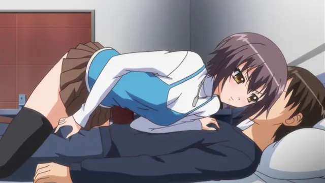 A high school girl in a sailor-style uniform is straddling and leaning over a man lying on a bed, her hands on his chest, while looking at him with a blushing face. Screenshot from Bloods Inraku no Ketsuzoku 2 - Episode 1