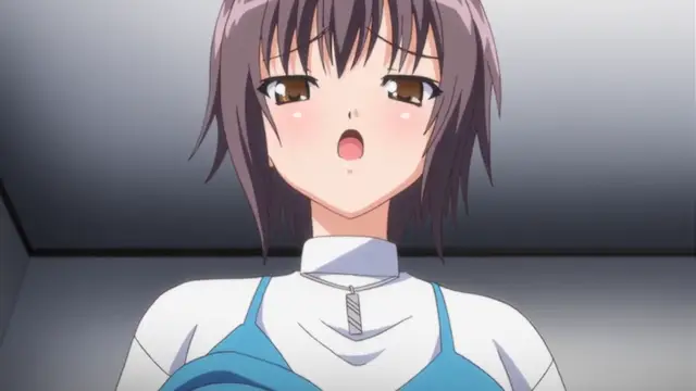 An anime girl with short brown hair and a shocked expression wears a white top and a blue dress while looking forward. Screenshot from Bloods Inraku no Ketsuzoku 2 - Episode 1