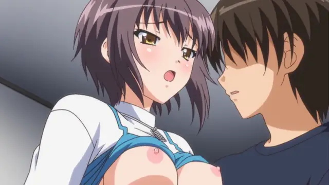 A blushing anime girl with short dark hair and a shocked expression looks into the face of a dark-haired man while her blue and white school uniform is pulled down to reveal her large breasts. Screenshot from Bloods Inraku no Ketsuzoku 2 - Episode 1