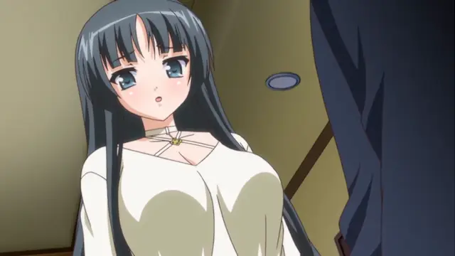 An anime girl with long dark hair and large blue eyes wears a white outfit and looks up at a man in a suit with a shocked expression. Screenshot from Bloods Inraku no Ketsuzoku 2 - Episode 2