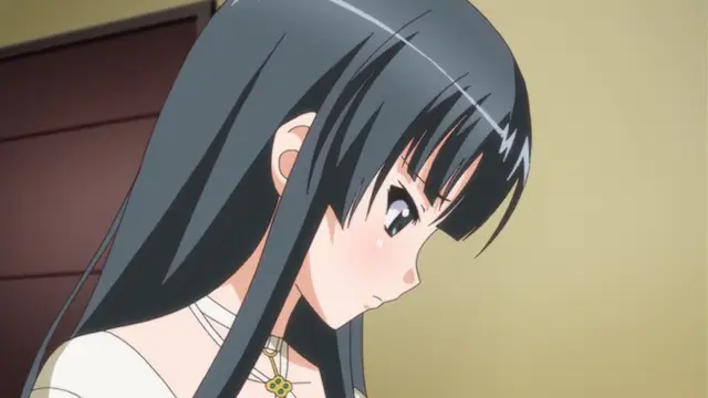 An anime girl with long black hair and a white outfit looks down with a blush on her face while wearing a necklace with a small yellow clover charm. Screenshot from Bloods Inraku no Ketsuzoku 2 - Episode 2