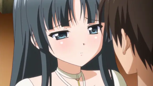 A blushing anime girl with long dark blue hair looks nervously at a man standing close to her face. Screenshot from Bloods Inraku no Ketsuzoku 2 - Episode 2