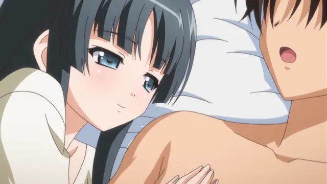 A blushing anime girl with long black hair leans over a shirtless man lying in bed, her face close to his as they both have wide-eyed, surprised expressions. Screenshot from Bloods Inraku no Ketsuzoku 2 - Episode 2