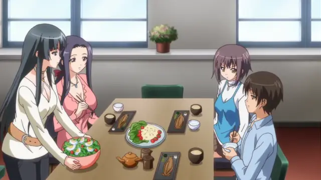 Four anime characters are gathered around a table in a dining room, where a girl with long black hair holds a bowl of soup while another girl in a pink dress stands next to her, and a boy and another girl sit across from them. Screenshot from Bloods Inraku no Ketsuzoku 2 - Episode 2