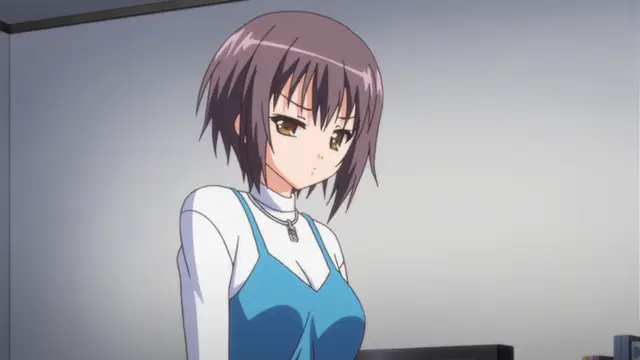 A brunette anime girl with a serious expression wearing a white turtleneck and blue overalls stands in an office setting. Screenshot from Bloods Inraku no Ketsuzoku 2 - Episode 2