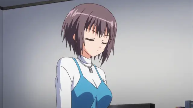 A close-up shot of a short-haired anime girl with a blush on her face and closed eyes, wearing a white long-sleeved shirt under a blue pinafore dress and a necklace. Screenshot from Bloods Inraku no Ketsuzoku 2 - Episode 2