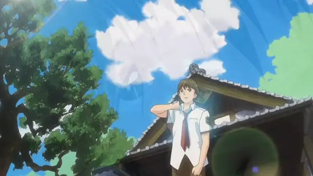 A male anime student in a school uniform stands outside a traditional building with his hand to his forehead, looking up at the sky during a rainstorm. Screenshot from Haramasete Seiryuu-kun - Episode 1