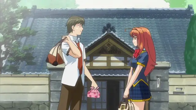 A young man in a white dress shirt and brown pants stands holding a bag and a small pink purse, looking at a long-haired girl in a blue and yellow school uniform who is holding a small handbag in front of a traditional Japanese building. Screenshot from Haramasete Seiryuu-kun - Episode 1