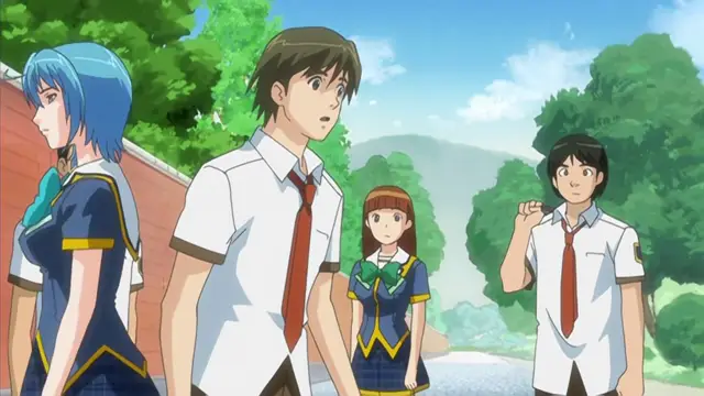 A group of anime students, including a blue-haired girl and a brown-haired boy, stand in an outdoor school setting looking surprised at another boy who is gesturing with his hand. Screenshot from Haramasete Seiryuu-kun - Episode 1