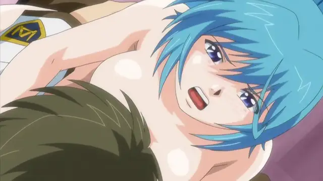 A close-up shot shows an anime girl with blue hair and a shocked expression lying on a bed next to a man with dark hair. Screenshot from Haramasete Seiryuu-kun - Episode 1