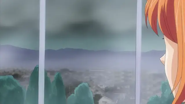 An anime girl with orange hair looks out a window at a foggy cityscape and mountains under a cloudy sky. Screenshot from Haramasete Seiryuu-kun - Episode 1