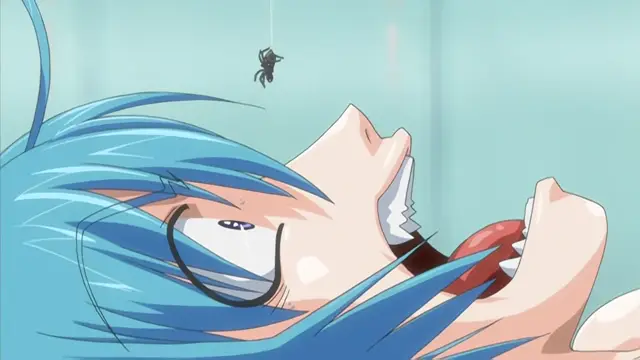A close-up anime still shows a blue-haired girl with her eyes closed and mouth wide open as she looks up at a small black spider hanging from a thread. Screenshot from Haramasete Seiryuu-kun - Episode 1