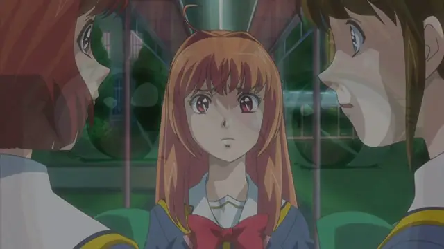 A girl with orange hair and big eyes sits between two other characters who are leaning in close to her face with intense expressions in a modern, high-tech setting. Screenshot from Haramasete Seiryuu-kun - Episode 1