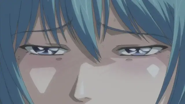 A close-up shot of a blue-haired girl with heavy sweat on her face, looking down with dazed, half-closed eyes and a flush on her cheeks. Screenshot from Haramasete Seiryuu-kun - Episode 1