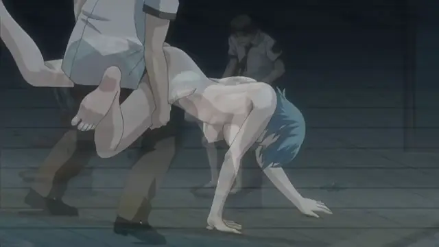 A pale-skinned girl with blue hair is bent forward on all fours on a tiled floor, being penetrated from behind by a man standing behind her while another person stands to the left. Screenshot from Haramasete Seiryuu-kun - Episode 1