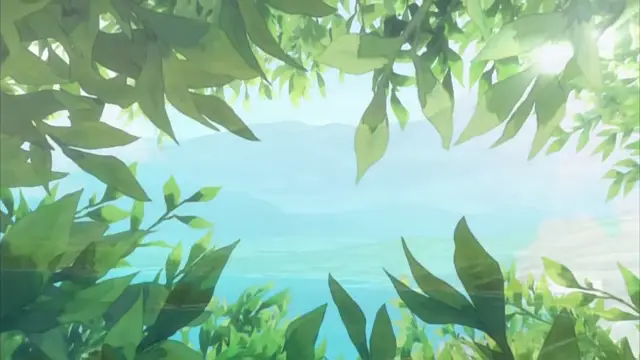 A scenic view of a bright blue sea and distant mountains viewed through a lush frame of green tropical leaves and foliage. Screenshot from Haramasete Seiryuu-kun - Episode 2