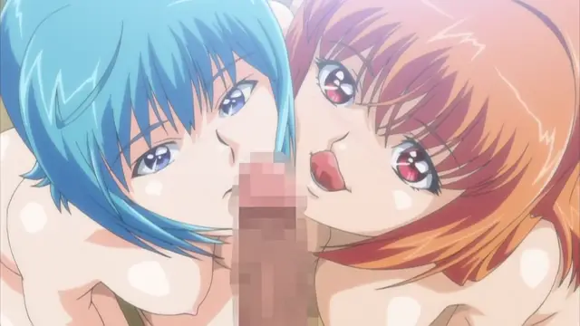 A close-up shot of an anime girl with blue hair and an orange-haired girl looking into the camera with heavy lustful eyes and open mouths as they share a blurred out penis. Screenshot from Haramasete Seiryuu-kun - Episode 2