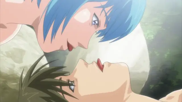 A close-up shot shows an anime girl with blue hair and a man with black hair looking into each other's eyes while lying on the ground in a forest. Screenshot from Haramasete Seiryuu-kun - Episode 2