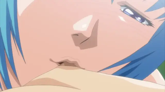 A close-up shot of an anime girl with blue hair, blushing and sweating with her eyes partially closed as she looks down toward a beige-colored object in her mouth. Screenshot from Haramasete Seiryuu-kun - Episode 2