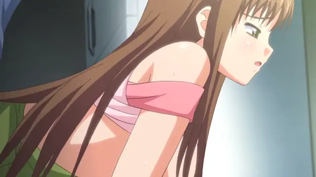 A long-haired anime girl with a blushing face and sweat beads on her skin wears a pink tube top and a green skirt while looking to the side. Screenshot from Uhou Renka - Episode 1
