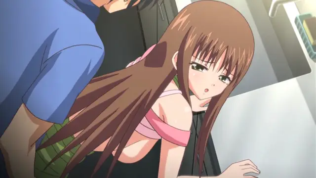 A girl with long brown hair and a pink off-the-shoulder top looks surprised as she is bent over a table in a bathroom while a man in a blue shirt stands behind her. Screenshot from Uhou Renka - Episode 1