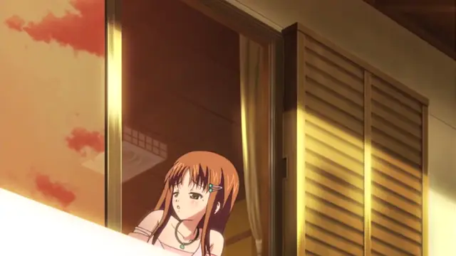 A young woman with orange hair and green eyes gazes out a window with a surprised expression. Screenshot from Uhou Renka - Episode 1