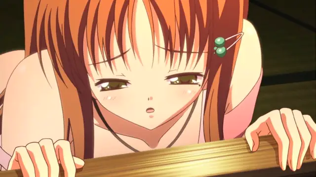 A close-up shot of an anime girl with long orange hair and green eyes, blushing and looking downward with a dazed expression as she grips a wooden railing. Screenshot from Uhou Renka - Episode 1