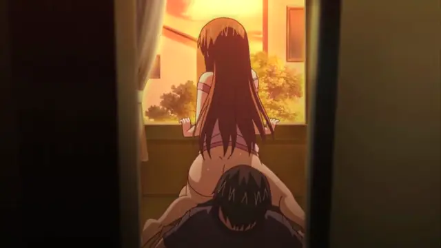 A girl with long brown hair sits on a man's lap while facing a window in a sunset scene, with her skirt pulled up to reveal her buttocks. Screenshot from Uhou Renka - Episode 1