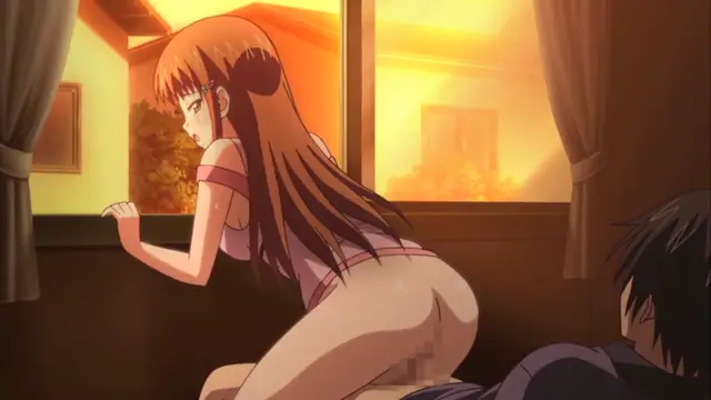 A long-haired girl in a short pink outfit leans forward over a table while a man lies on the floor behind her, with the girl looking toward the left of the frame. Screenshot from Uhou Renka - Episode 1