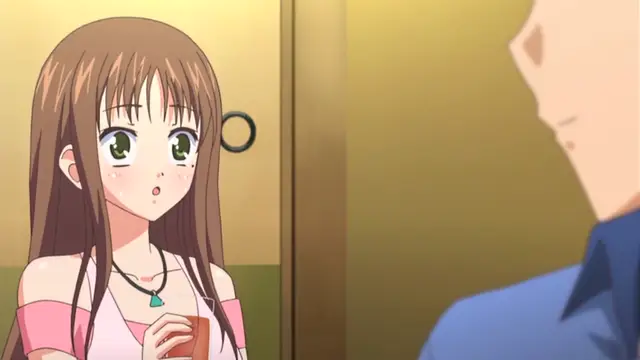 A brown-haired girl with blushing cheeks and wide eyes looks surprised as she holds a drink while standing next to a man with a smirk. Screenshot from Uhou Renka - Episode 1