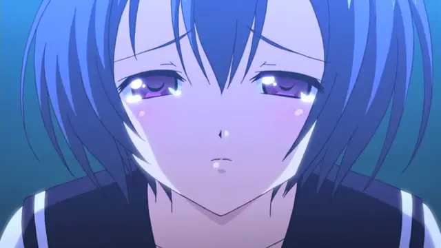 A close-up shot of an anime girl with blue hair and blushing cheeks crying with tears in her eyes while wearing a school uniform. Screenshot from Uhou Renka - Episode 1
