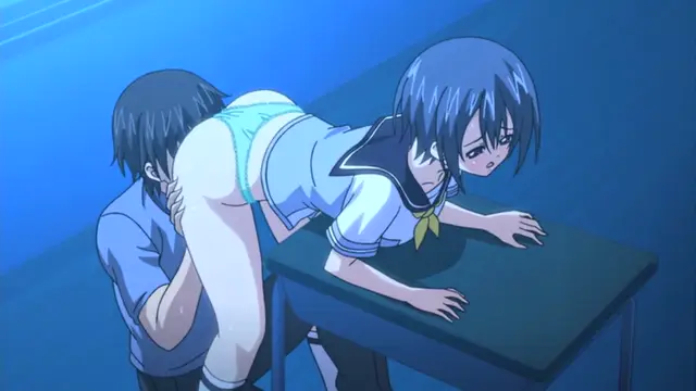 In an anime scene, a blue-haired girl in a school uniform leans over a desk while a male character behind her holds her hips and engages in sexual intercourse. Screenshot from Uhou Renka - Episode 1