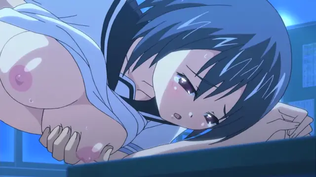 A blushing anime girl with blue hair leans forward over a desk with her breasts pressed against it, her white shirt pulled up to expose her large nipples. Screenshot from Uhou Renka - Episode 1
