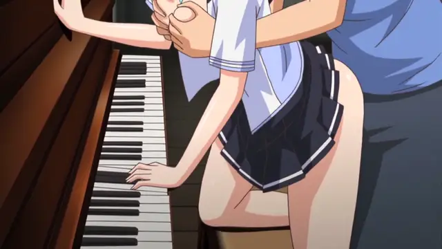 A schoolgirl in a blue and white uniform is being held from behind by a man as she plays a piano, with her skirt hiked up to reveal her panties and her legs spread. Screenshot from Uhou Renka - Episode 2