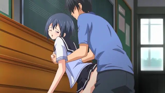 In a school setting, a boy in a blue shirt stands behind a girl in a school uniform, pressing her against a wooden cabinet while she has an ecstatic expression on her face. Screenshot from Uhou Renka - Episode 2