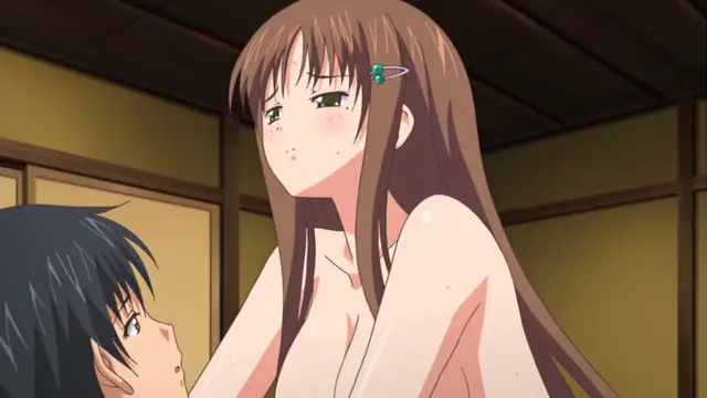 A nude anime woman with long brown hair and a worried expression sits next to a shirtless young man in a traditional Japanese room. Screenshot from Uhou Renka - Episode 2