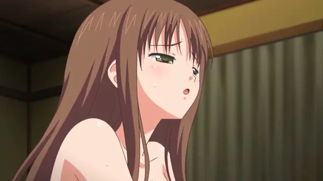 A blushing anime girl with long brown hair and a surprised expression looks off to the side while appearing to be undressed in a room with a curtain in the background. Screenshot from Uhou Renka - Episode 2