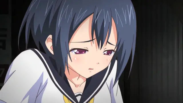 An anime girl with dark blue hair and a school uniform looks down with a blushing, embarrassed expression. Screenshot from Uhou Renka - Episode 2