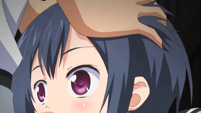 A close-up shot of an anime girl with blue hair and large purple eyes, crying with tears streaming down her face while being held from above by a large, masculine hand. Screenshot from Uhou Renka - Episode 2