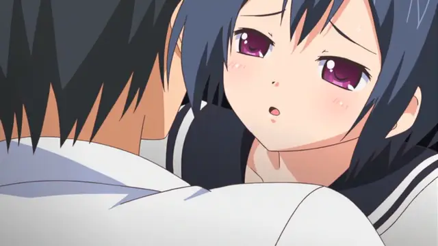 A blushing anime girl with blue hair and purple eyes looks up with a surprised expression at a man with black hair who is positioned close to her face. Screenshot from Uhou Renka - Episode 2