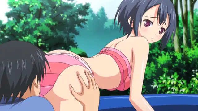 A girl with short purple hair in a pink bikini is being penetrated from behind by a man in a blue shirt while she leans forward on a blue surface in a forest setting. Screenshot from Uhou Renka - Episode 2