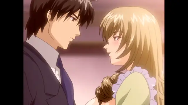 A man in a suit and a blonde woman in a ruffled dress look at each other intensely with blushing faces in this anime scene. Screenshot from The Immorals - Episode 1